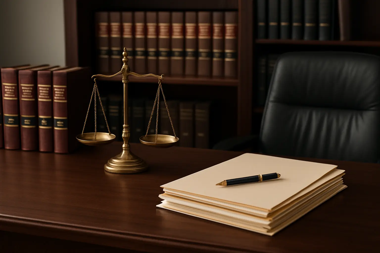 میز کاری وکیل با کتاب‌های حقوقی و ترازوی عدالت در دفتر وکالت غرب تهران