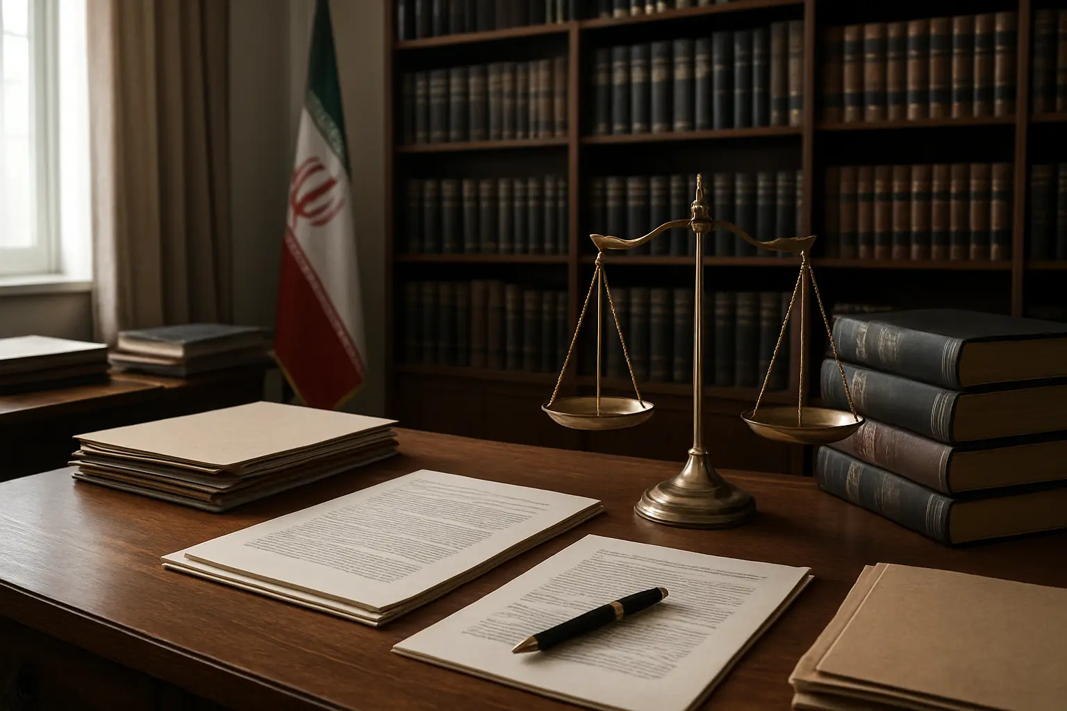 میز کار وکیل با پرونده‌های حقوقی و ترازوی عدالت در دفتر وکالت
