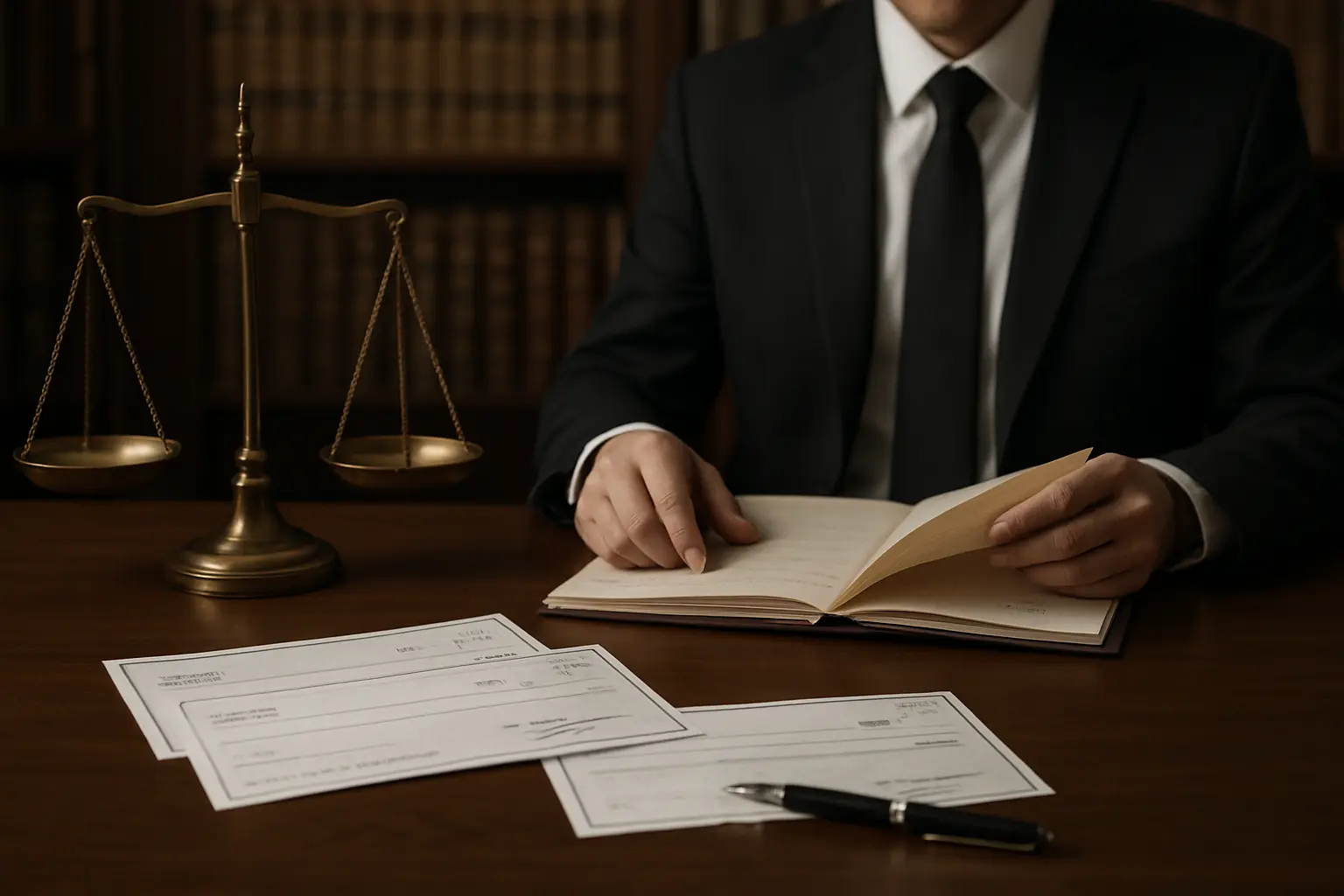 میز کار وکیل با پرونده‌های چک برگشتی و ترازوی عدالت در دفتر وکالت